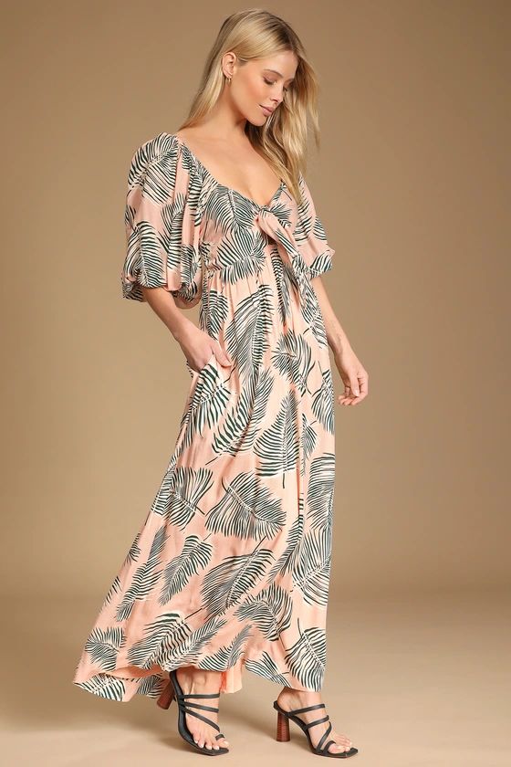 Tropical Take Blush Palm Print Tie-Front Maxi Dress With Pockets | Lulus (US)