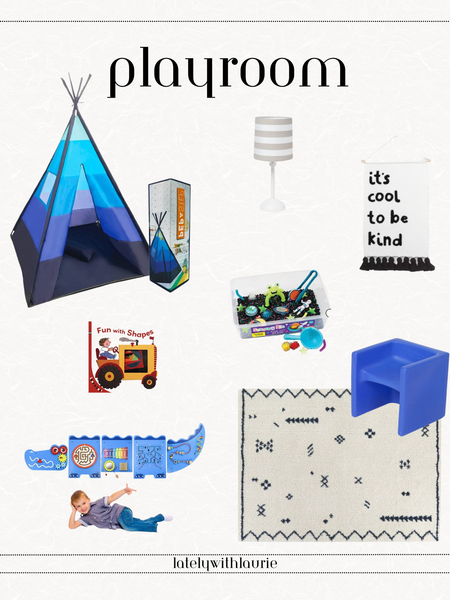 The cutest playroom additions! Sensory wall, sensory kit, area rug, kids chair, kids tent, children's books, lamp. Toddler boy room, boy room, family room 

#LTKhome #LTKfamily #LTKkids