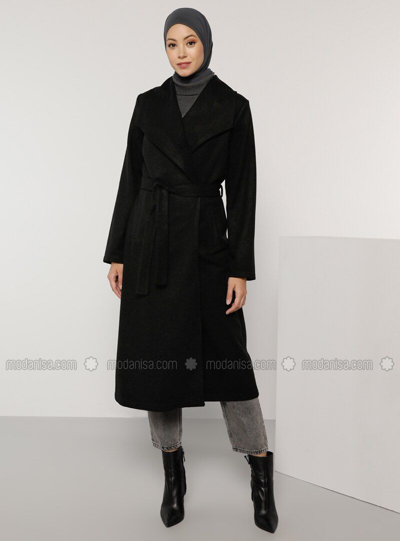 Black - Fully Lined - V neck Collar - Acrylic -  - Coat | Modanisa (US)