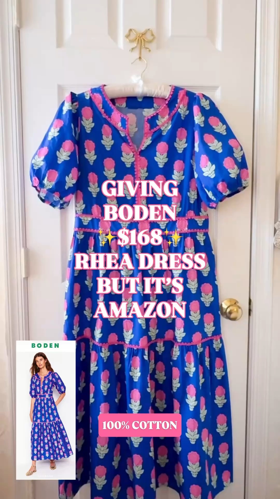 Boden Rhea dress look for less | Amazon floral midi dress | blue and pink dress | summer event dress | vacation dress

This Amazon floral midi dress gives the $168 Boden Rhea Embroidered Midi Dress look for less. Not only is the silhouette a dead ringer, the print is also a lookalike of Boden’s Gallery Blue Dahlia Spring print!

The saturated blue base, pink blockprint floral print, puff sleeves, split neckline, contrast pink trim, defined waist detail, tiered midi skirt, and pockets give it that same cheerful Boden summer dress energy without the $168 price tag.

It is a cotton blend, machine washable, and pull-on The pink trim at the neckline, waist, and tier seams is the detail that makes this feel more expensive than your every day Amazon find.

This is the dress you pull for brunch, church, baby showers, bridal showers, garden parties, graduation events, vacation dinners, resort lunches, beach town shopping, family photos, girls trips, teacher outfits, summer parties, and warm-weather weekends if you love Boden style, but not the Boden price tag. 

If you love Boden dresses, the Boden Rhea Dress, blue and pink dresses, colorful midi dresses, puff sleeve dresses, tiered midi dresses, floral dresses with pockets, Amazon dress finds, summer event dresses, vacation dresses, and designer looks for less, this is the Amazon dress to grab before everyone else realizes it exists. 

Boden Rhea dress look for less, Boden Rhea Embroidered Midi Dress look for less, Boden Gallery Blue Dahlia Sprig look for less, Boden inspired dress, Amazon floral midi dress, blue and pink dress, floral midi dress, puff sleeve dress, split neck dress, tiered midi dress, dress with pockets, cotton blend dress, summer event dress, vacation dress

#LTKFindsUnder50 #Boden #BodenStyle #BlockprintDress #MidiDress #SummerDress #SummerOutfit #DateNightDress #VacationOutfit #PreppyStyle #LookForLess

#LTKSeasonal #LTKWorkwear #LTKWedding