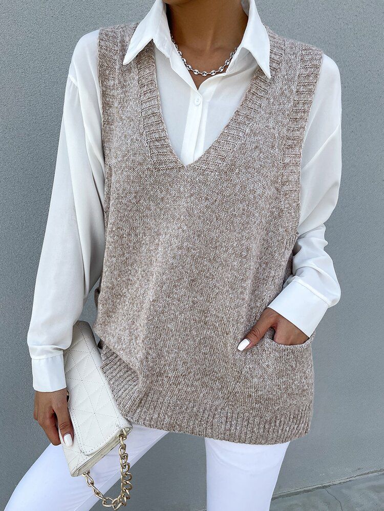 Marled Knit Dual Pocket Sweater Vest Without Blouse | SHEIN