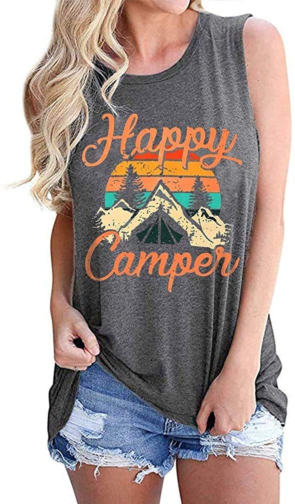 Happy Camper Shirt Tank Tops Women Cute Graphic Tees Summer Hiking Travel Tank Vest | Amazon (US)