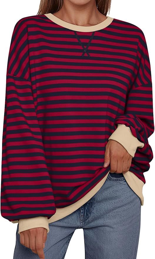 Trendy Queen Oversized Sweatshirt for Women 2024 Fall Crewneck Striped Long Sleeve Shirts Hoodies... | Amazon (US)