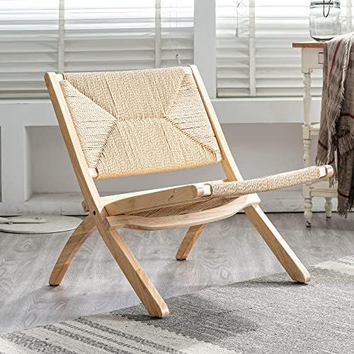 LUE BONA Folding Accent Chairs, Natural Wood Mid Century Modern Chair, Rush Weave Paper Rope Boho... | Amazon (US)