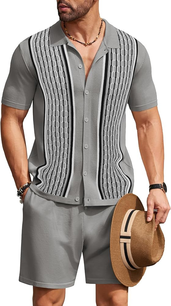 COOFANDY Men's 2 Piece Outfit Vintage Short Sleeve Button Down Knit Polo Shirts Casual Beach Shor... | Amazon (US)