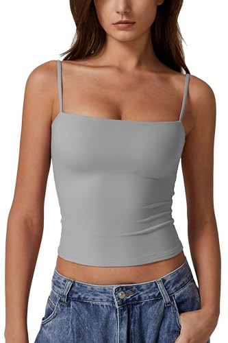 QINSEN Women's Sleeveless Tank Top Scoop Neck Double Layer Spring Summer Basic Cami Shirts Grey XL | Amazon (US)