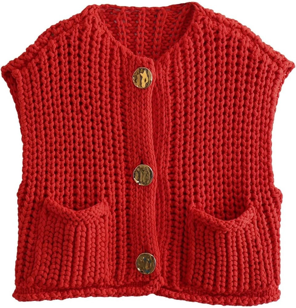 Felcia Womens Sweater Vest Sleeveless V Neck Button Down Knitted Waistcoats Casual Cropped Sweate... | Amazon (UK)