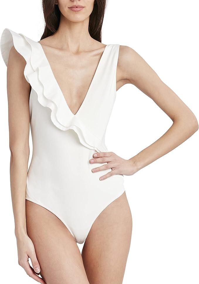 BCBGMAXAZRIA womens Knit Plunging Ruffle Bodysuit | Amazon (US)