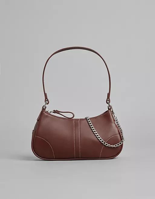Bershka 90s shoulder bag with chain detail in chocolate brown | ASOS | ASOS (Global)