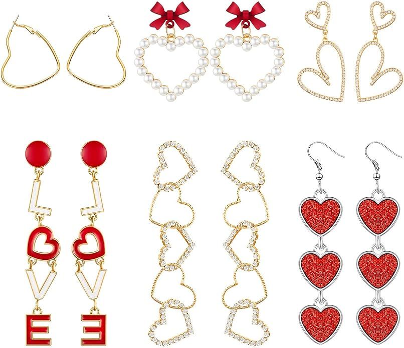 6 Pairs Valentines Day Earrings Heart Hoops Dangle Earrings Bow Artificial Pearl Earrings Love Ea... | Amazon (US)