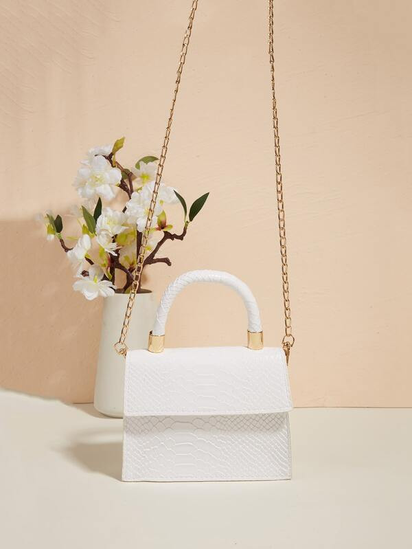 Mini Snakeskin Embossed Flap Chain Square Bag | SHEIN