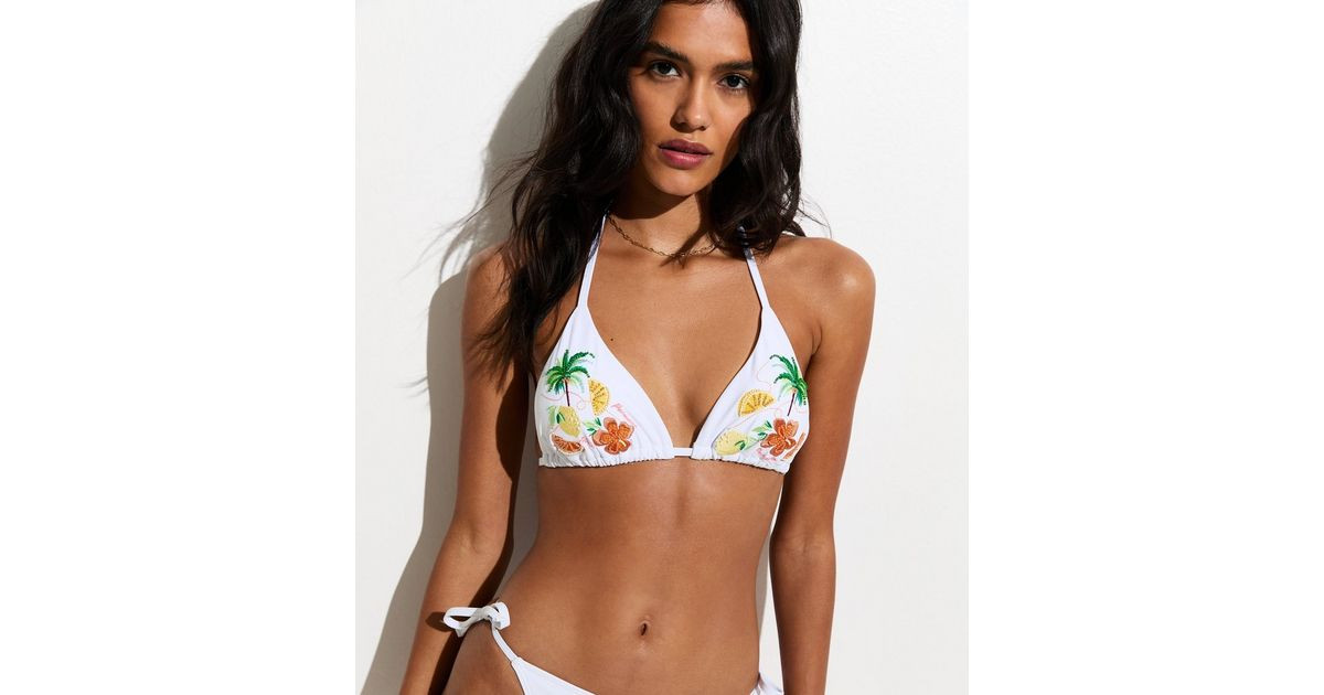 White Beaded Tropical Graphic Triangle Bikini Top | New Look | New Look (UK)