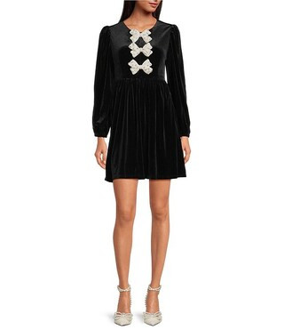 Sugarlips Glow Bow Pearl Crew Neck Long Sleeve Velvet Mini Dress | Dillard's | Dillard's