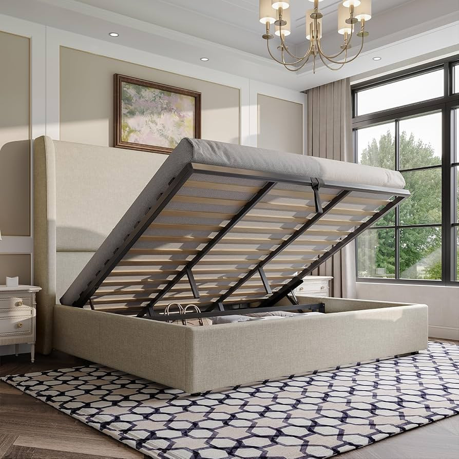 AMERLIFE Lift Up Storage Bed King Size Linen Upholstered Platform Bed Frame, Hydraulic Storage,Mo... | Amazon (US)