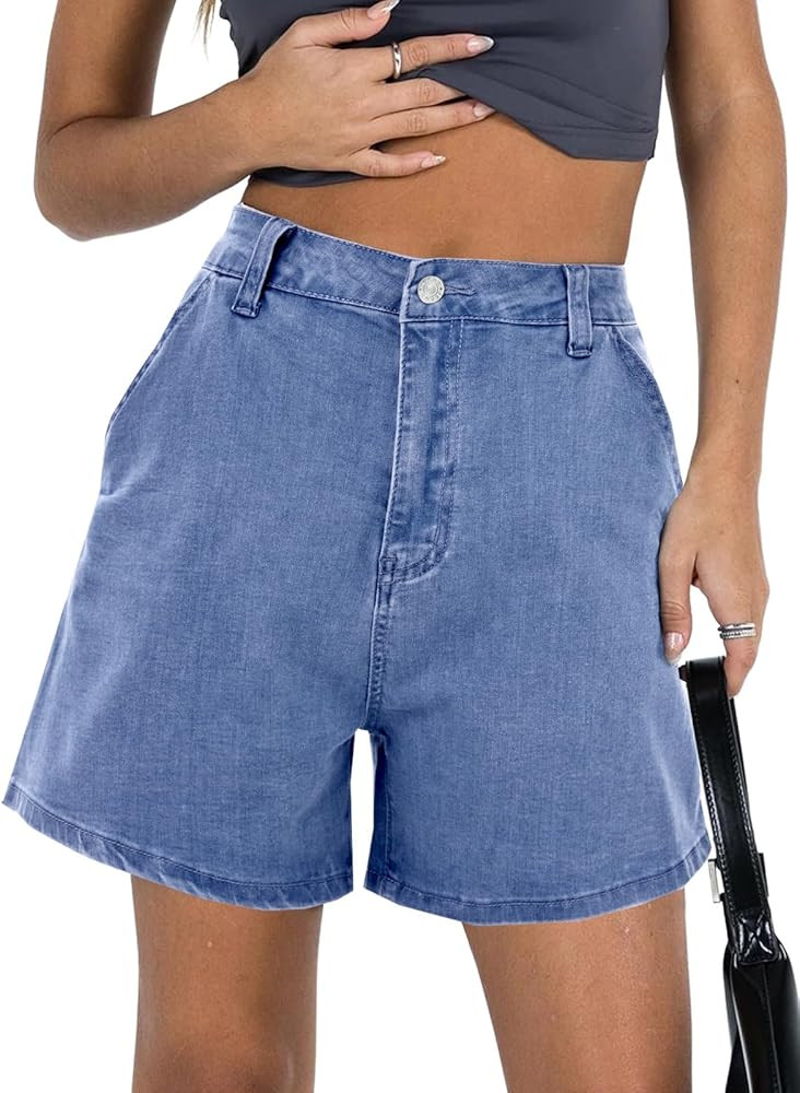PLNOTME Womens High Waisted Denim Shorts Summer Casual Button Down Baggy Stretchy Jean Shorts wit... | Amazon (US)