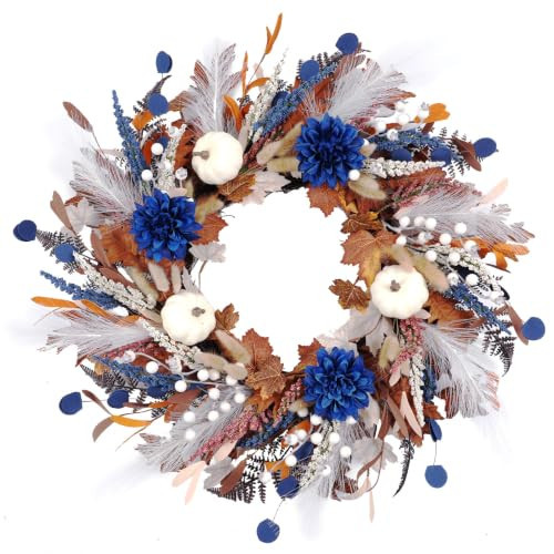 Idyllic 24" Blue Fall Wreath White Pumpkins,Dahlias Berries for Front Door | Amazon (US)
