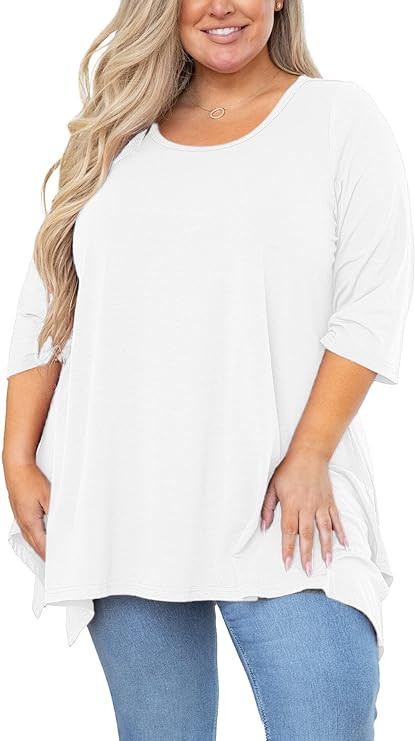 AusLook Plus Size Women's Tunic 3/4 Sleeve Clothes Swing Babydoll Top Side Split Crewneck Blouse ... | Amazon (US)