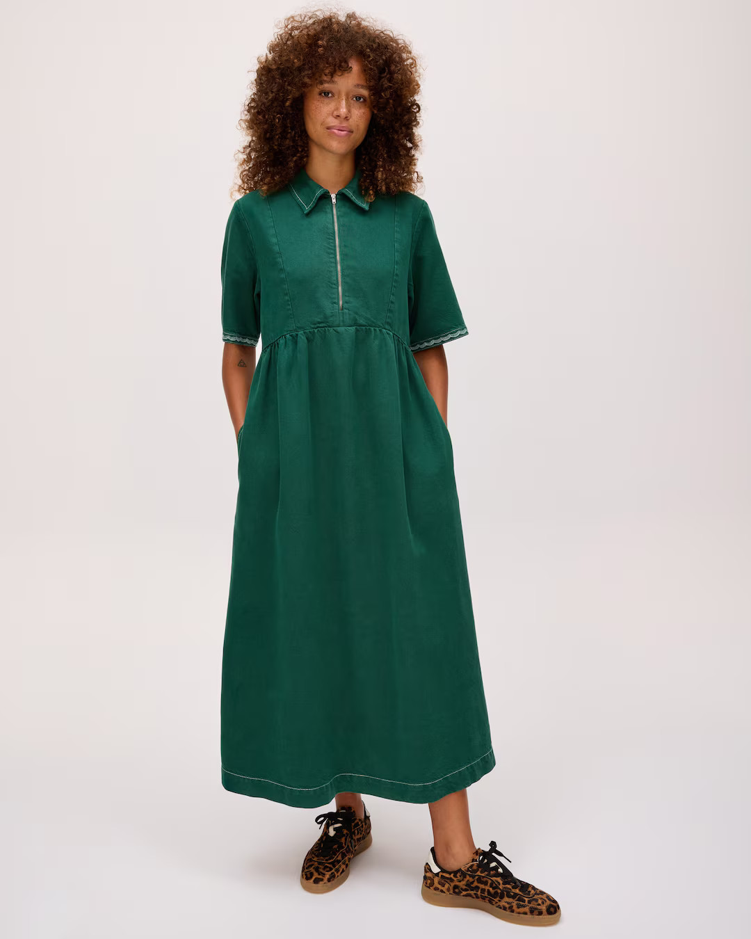 Forest Green Denim Collared Zip Up Midi Dress | Oliver Bonas | Oliver Bonas (Global)