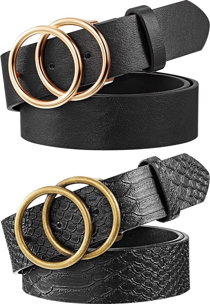2 Pieces Women Leather Belt Faux Leather Waist Belts with Double O-Ring Buckle | Amazon (US)