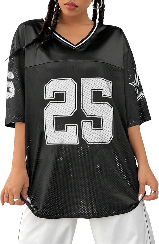 Jersey Shirts for Women Y2K Oversized V Neck Half Sleeve Graphic T Shirts Football Soccer Tee Top... | Amazon (US)