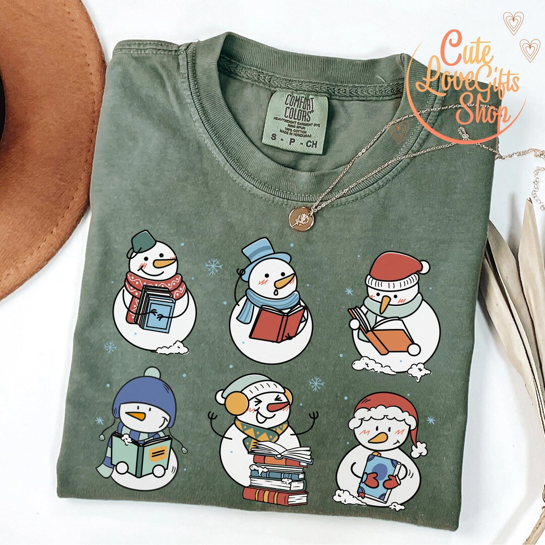 Snowman Reading Book Comfort Color Shirt, Snowman Book Shirt, Christmas Book Shirt, Book Club Shi... | Etsy (US)