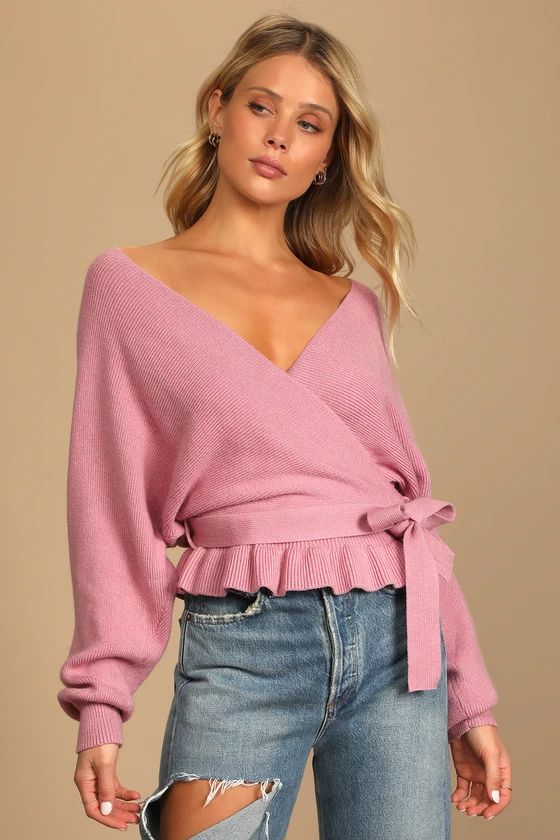 Sweet and Sophisticated Rose Pink Knit Faux-Wrap Sweater | Lulus (US)