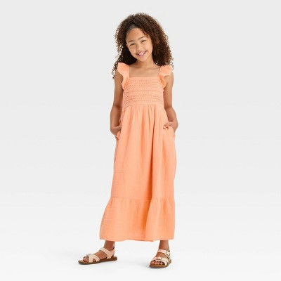 Girls' Flutter Sleeve Woven Maxi Dress - Cat & Jack™ Peach Orange S | Target