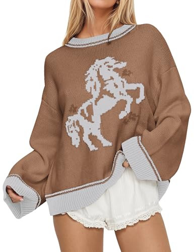 SHBECYDE Crew Neck Oversized Sweater for Women Y2k Long Sleeve Sweaters Horse Graphic Knit Pullover Trendy Fall Sweater 2026 Khaki | Amazon (US)