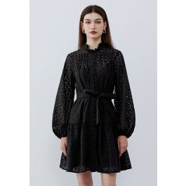 Floral Cutwork Button Down Belted Long-Sleeve Dress in Black | Chicwish