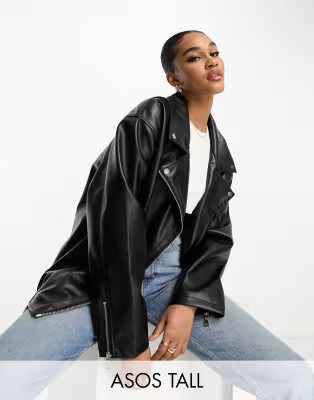 ASOS DESIGN Tall longline oversized faux leather biker jacket in black | ASOS | ASOS (Global)