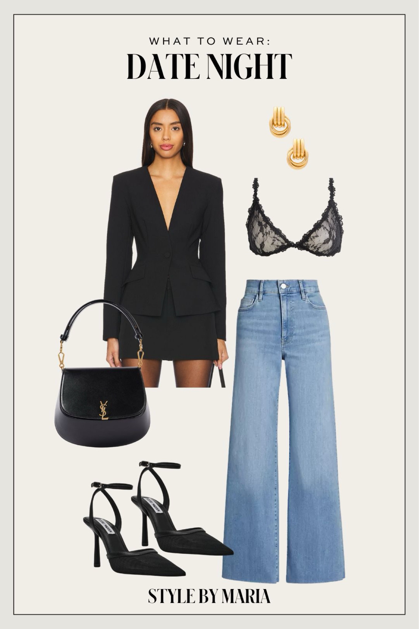 Date night outfit ideas
Black blazer top under $100
Frame wide leg jeans on sale
Steve Madden mesh pumps
 Saint Laurent bag

#LTKFindsUnder100 #LTKItBag #LTKSaleAlert