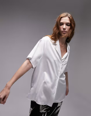 Topshop satin short sleeve shirt in ivory | ASOS (Global)