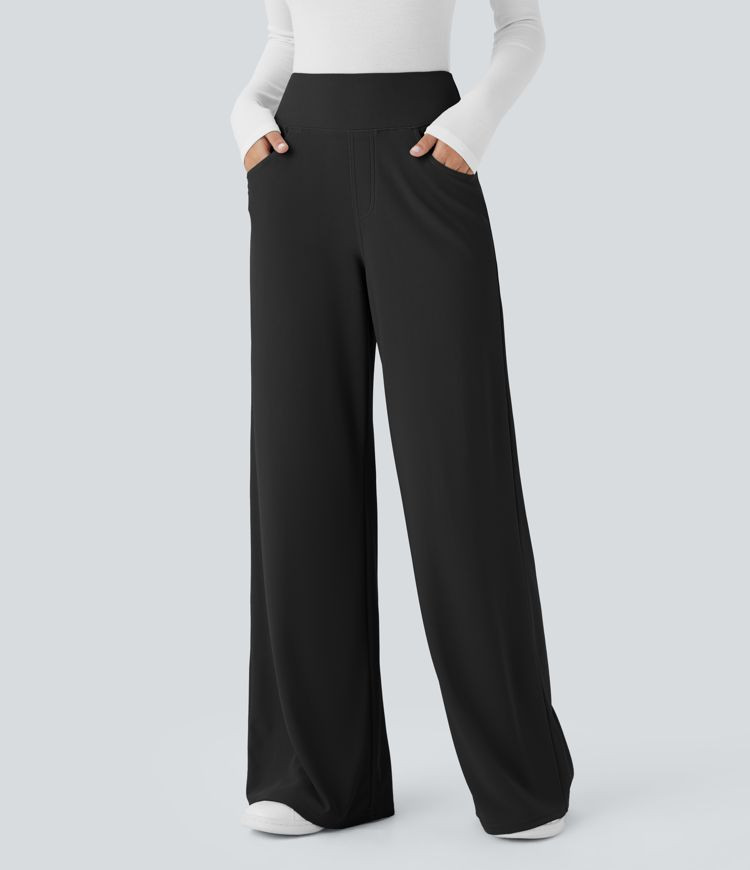 Women’s SoCinched High Waisted Tummy Control Multiple Pockets Wide Leg Micro Waffle Work Pants ... | HALARA