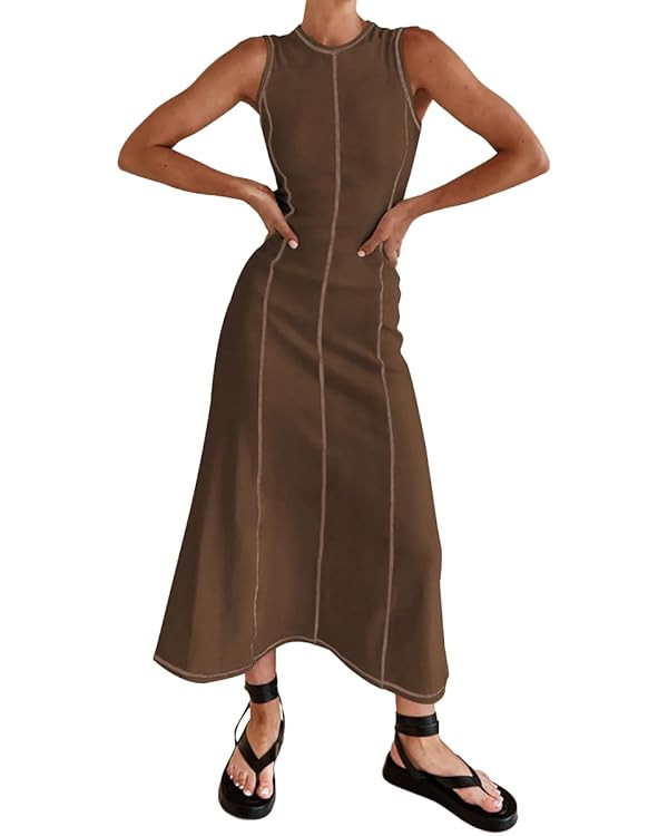 OBEEII Women's Summer Ribbed Knit Bodycon Midi Dress Color Contrast Casual Sleeveless Crew Neck S... | Amazon (US)