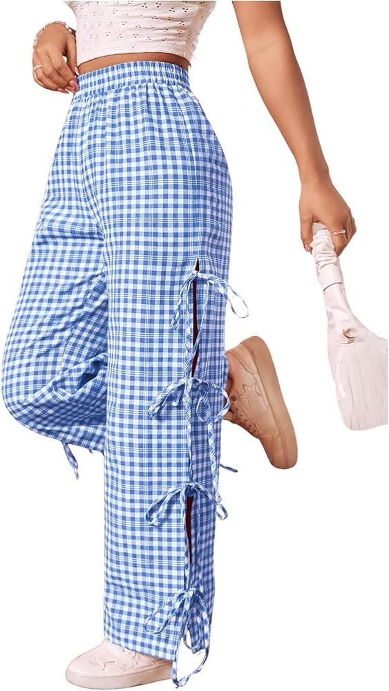 Floerns Women's Gingham Print Elastic Waist Slit Tie Sides Straight Leg Pants | Amazon (US)