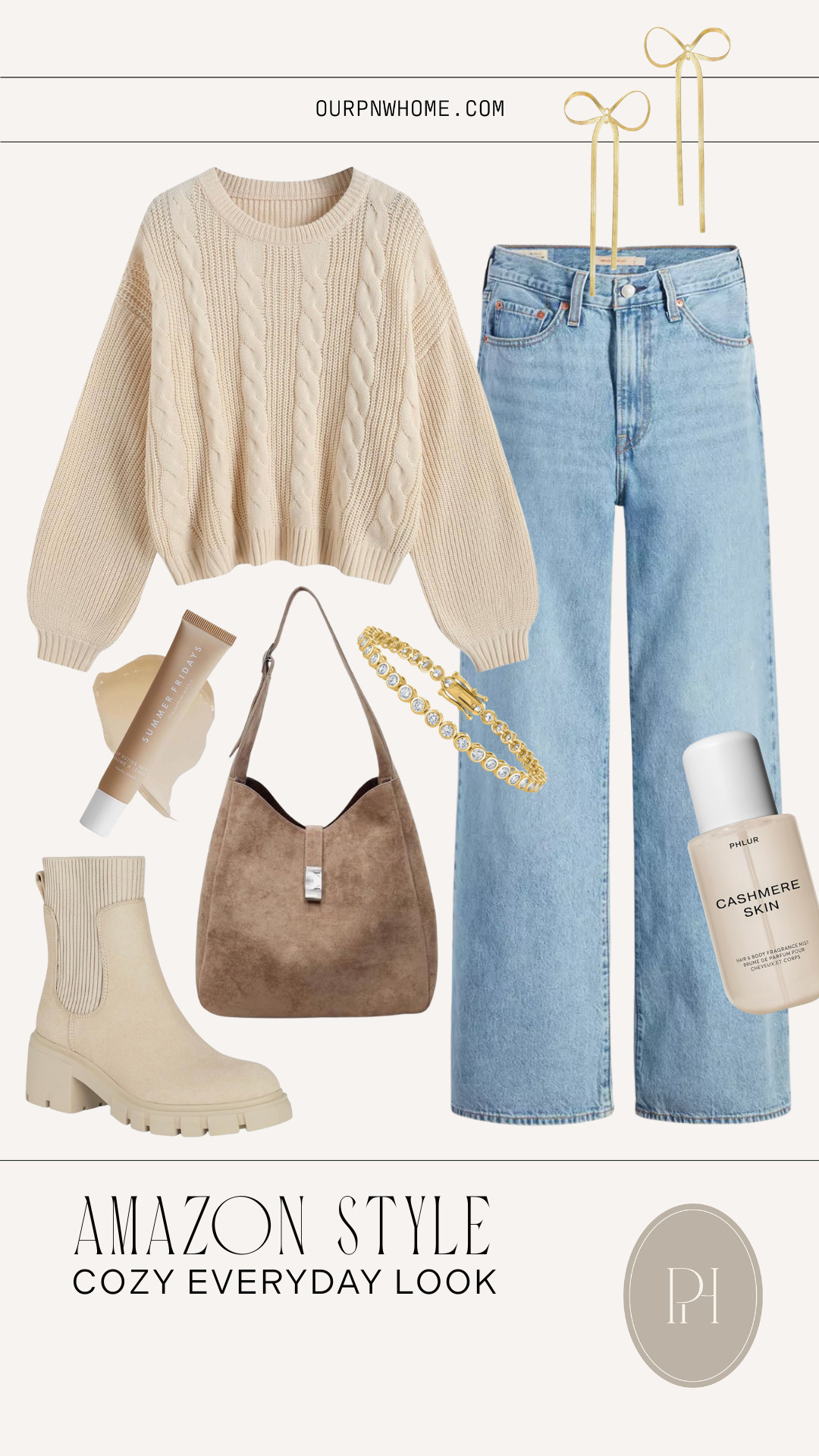 Loving these Amazon fashion finds for a cute everyday look!

fall fashion, fall style, fall outfit, fall look, winter fashion, winter style, winter outfit, winter look, neutral fashion, cream sweater, white sweater, crewneck sweater, knit sweater, casual look, light wash denim, wide leg jeans, flared jeans, Chelsea boots, lug sole boots, tan boots, fall shoes, fall footwear, hobo handbag, suede tote bag, purse, body spray, fragrance, bow earrings, tennis bracelet 

 #LTKStyleTip #LTKShoeCrush #LTKItBag