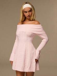 Glamine Women's Fitted Off Shoulder Flare Sleeve Waist Cinched Flared Hem Mini Dress, Solid Color... | SHEIN