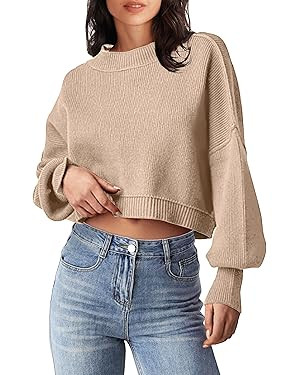 MEROKEETY Women's Crewneck Cropped Sweater 2023 Fall Batwing Sleeve Oversized Side Slit Ribbed Kn... | Amazon (US)