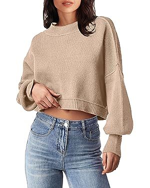 MEROKEETY Women's Crewneck Cropped Sweater 2023 Fall Batwing Sleeve Oversized Side Slit Ribbed Kn... | Amazon (US)