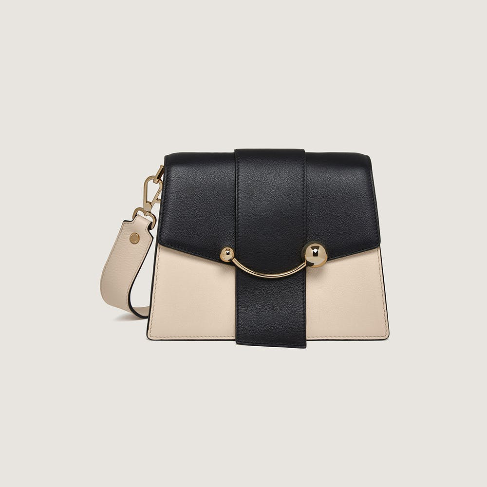 Strathberry - Box Crescent - Leather Shoulder Bag - Black / Natural / Beige | Strathberry