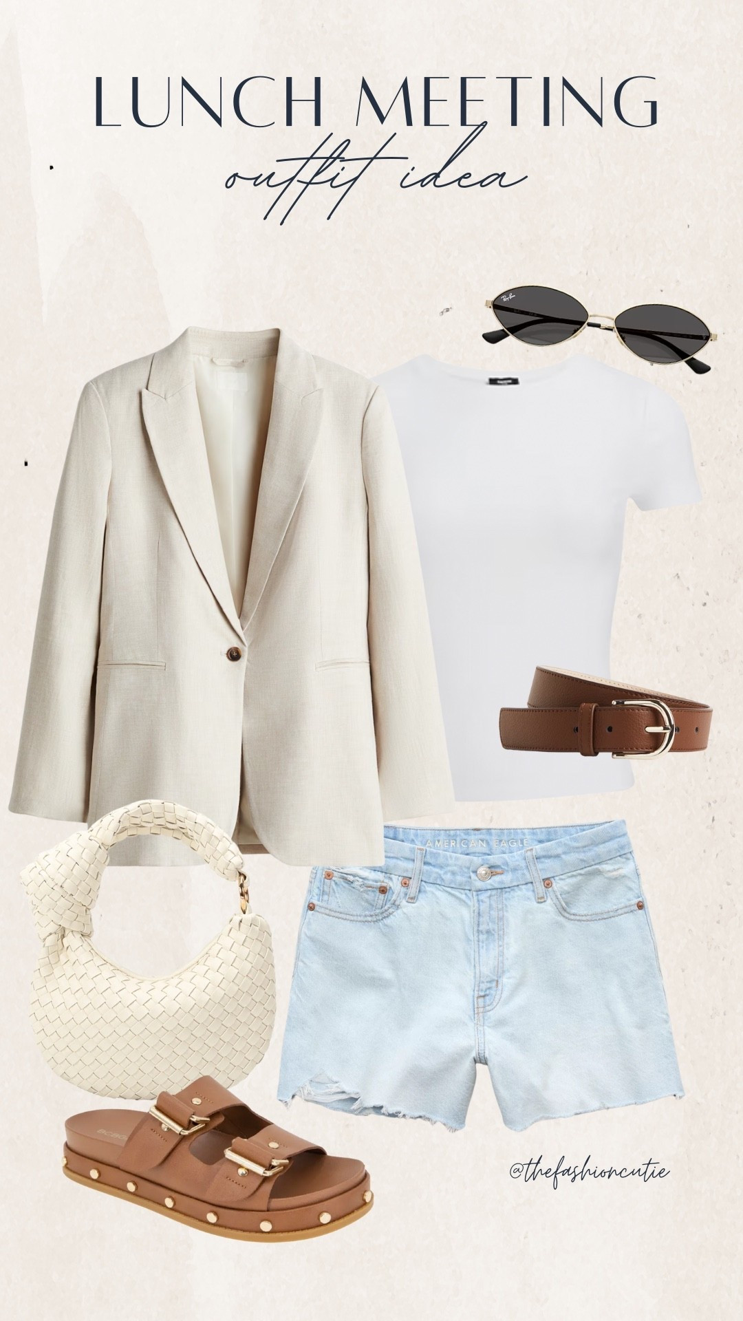 Polished and casual, this lunch meeting outfit is perfect for summer. A neutral blazer, denim shorts, and brown sandals create an effortless smart casual look. Add gold jewelry and a woven bag to complete the vibe.

#LTKShoeCrush #LTKFindsUnder50 #LTKStyleTip