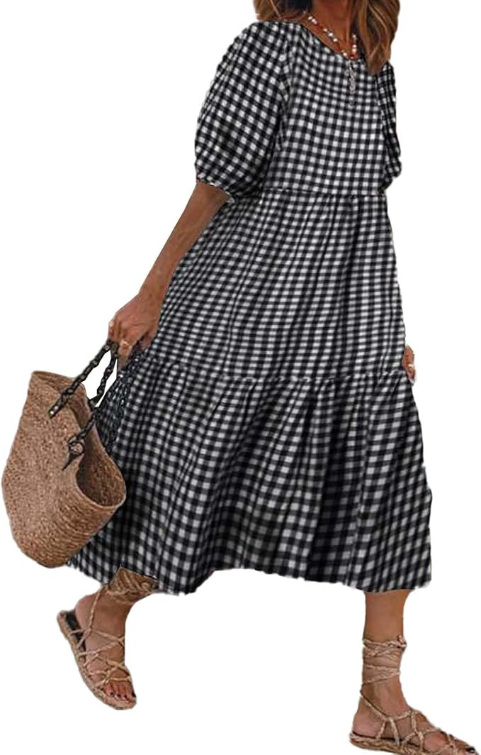 Sexyshine Women's Retro Plaid Lantern Puff Sleeve Plaid Long Dress Casual Loose Gingham Swing Ple... | Amazon (US)