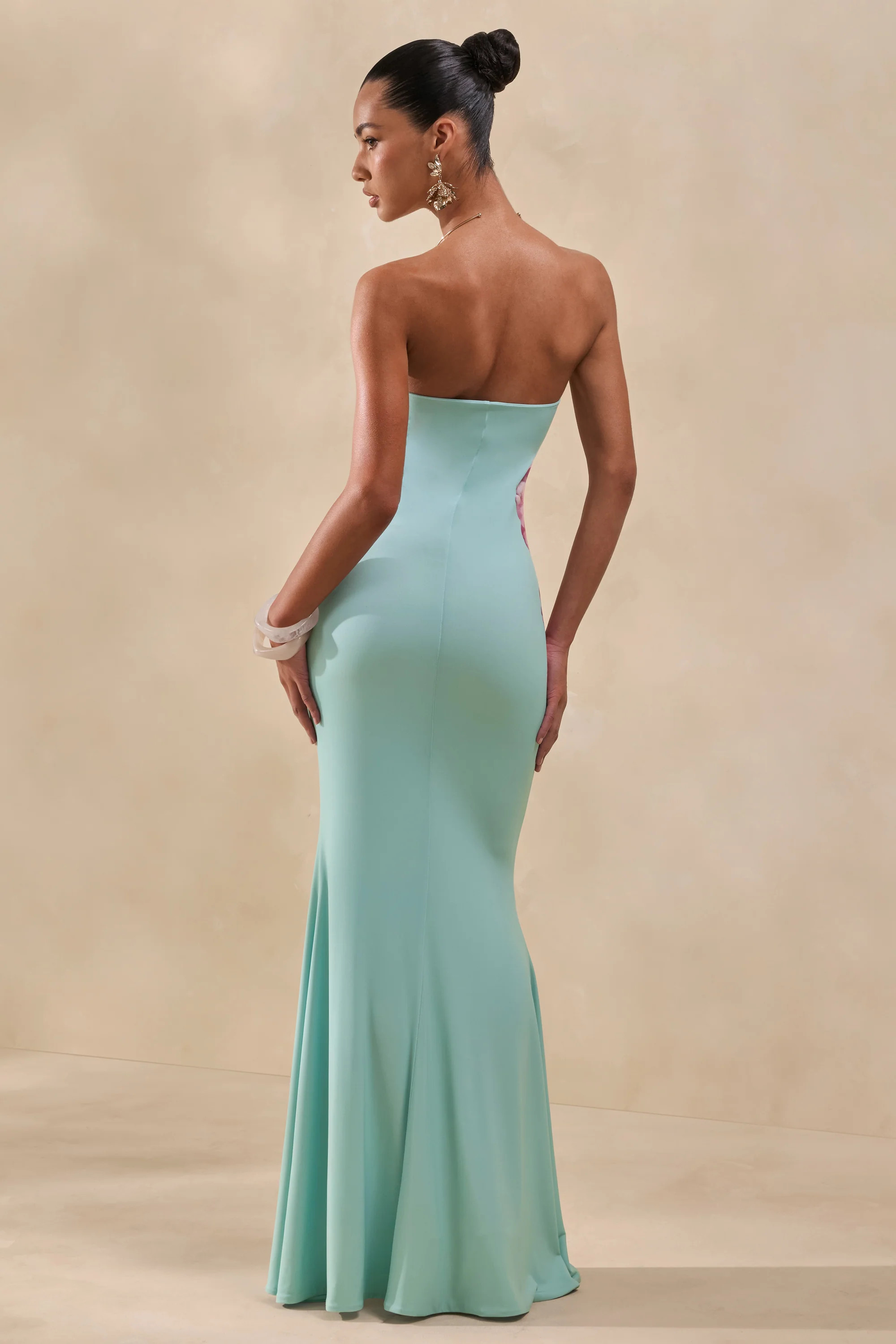 Lumia | Sage And Pink Placement Print Bandeau Maxi Dress | Club L London