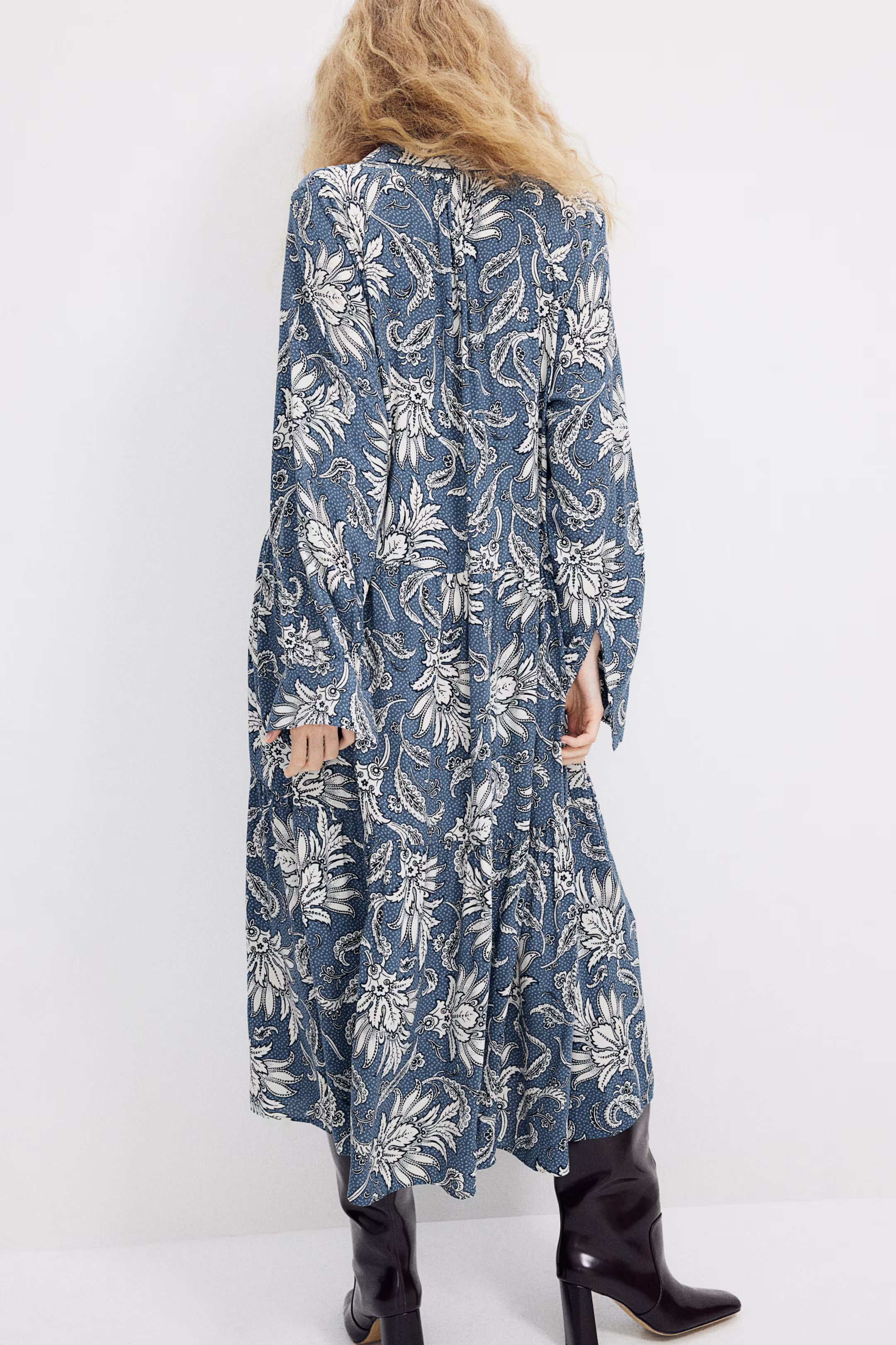 Midi Shirt Dress - Long sleeve - Midi - Dusty blue/paisley-patterned - Ladies | H&M US | H&M (US + CA)