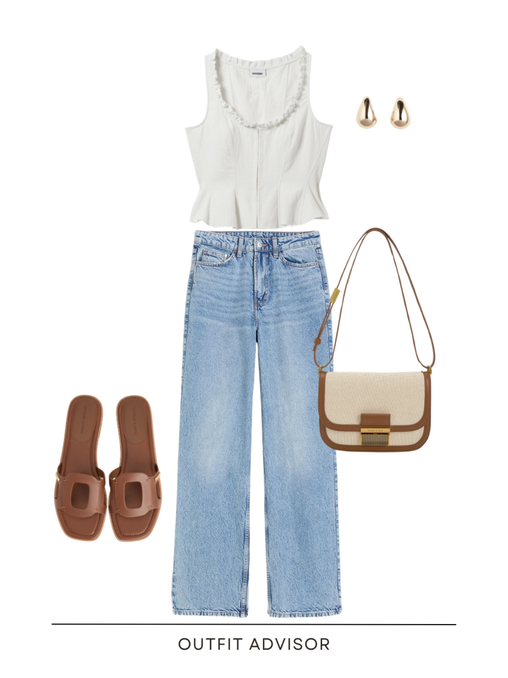 Casual summer outfit inspo: a white waistcoat, wide leg jeans, brown sandals, gold earrings and a charles&keith crossbody bag

#LTKstyletip #LTKshoes #LTKbag