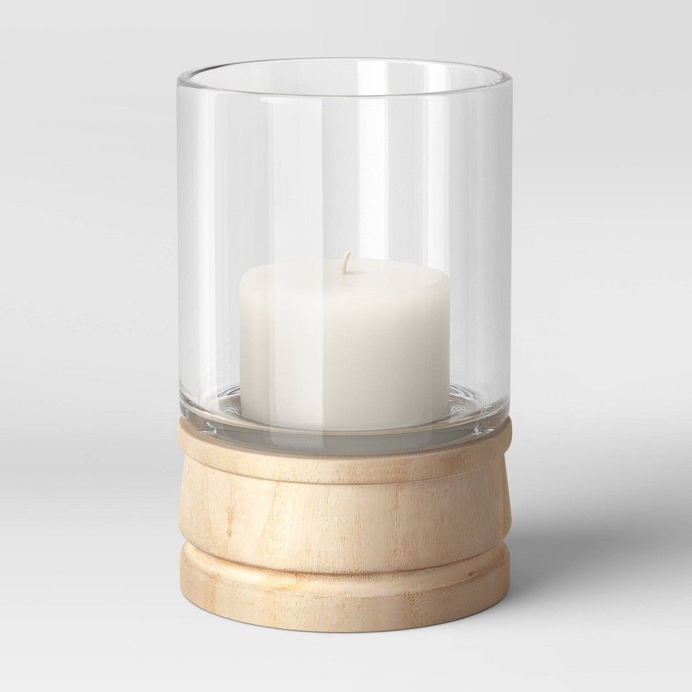 7.5" x 5" Glass/Wood Hurricane Candle Holder Brown - Threshold™ | Target