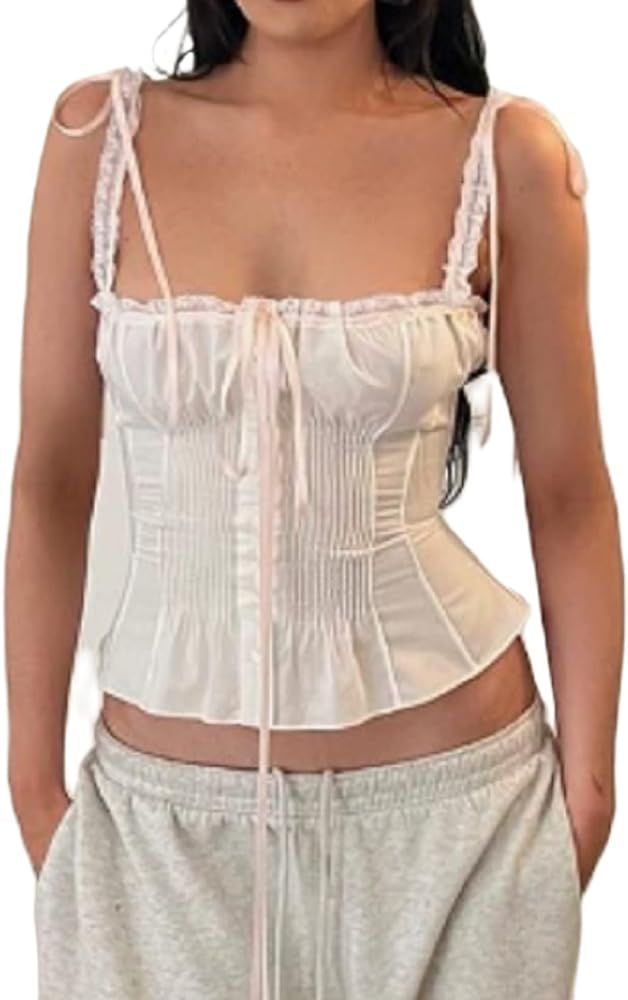 Women Y2k Square Neck Bustier Top Lace Patchwork Crop Camis Slim Fit Low Cut Camisole Vests Trend... | Amazon (US)
