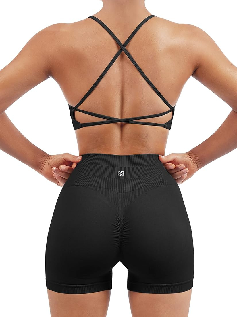 SUUKSESS Women Seamless Workout Sets Strappy Sports Bra High Waist Booty Shorts Outfits | Amazon (US)
