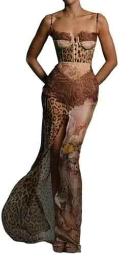 Women's Sexy Slim fit Chiffon Dress with Leopard Print Patchwork lace Slit Suspender Skirt and Fl... | Amazon (US)