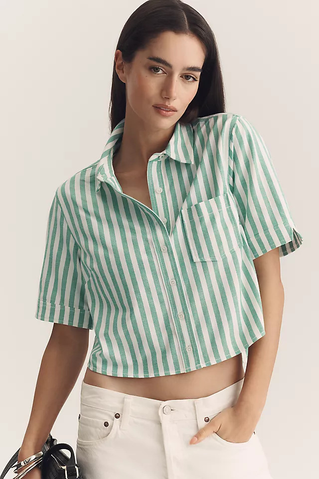 Merritt Short-Sleeve Cropped Buttondown Shirt | Anthropologie (US)